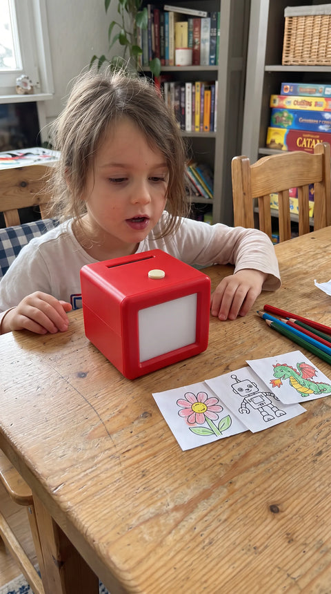 Ein Kind am Basteltisch mit dem roten Fantasini-Kreativdrucker und eigenen Ausmalmotiven.