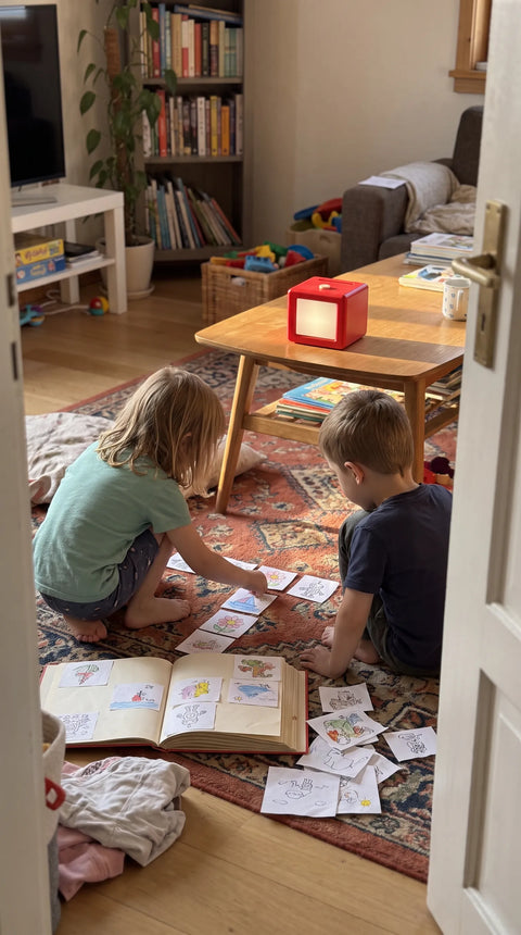 Zwei Kinder gestalten am Wohnzimmerboden zwischen vielen Zeichnungen; Fantasini steht auf dem Tisch.