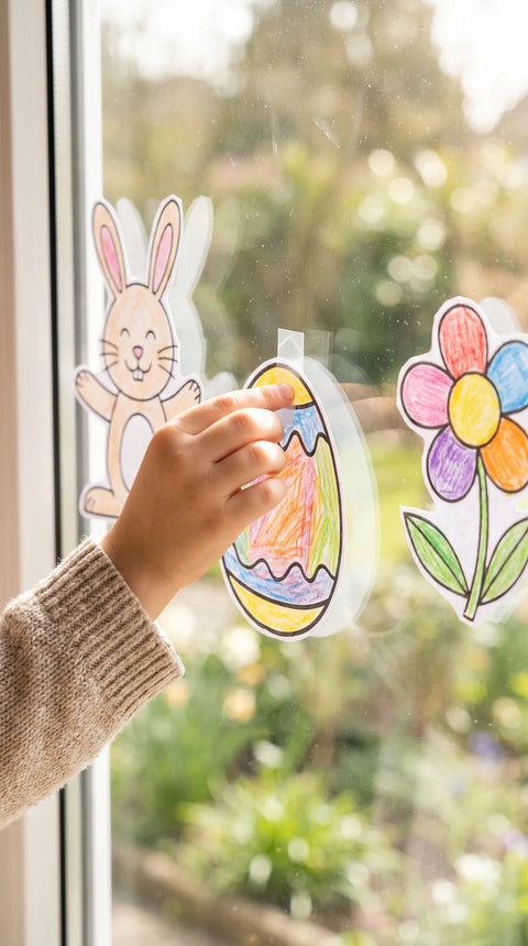 Eine Hand befestigt ausgemalte Hasen-, Eier- und Blumenmotive am Fenster.