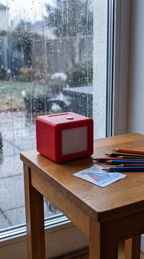 Der rote Fantasini-Drucker steht mit Stiften und einer Zeichnung am Fenster an einem Regentag.
