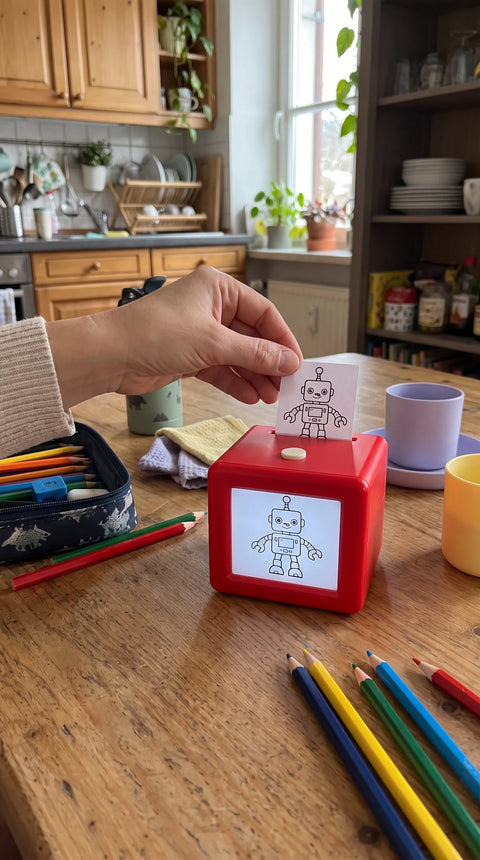 Eine Hand nimmt ein kleines Robotermotiv aus dem oberen Papierauslass; dasselbe Motiv ist auf dem Display zu sehen.