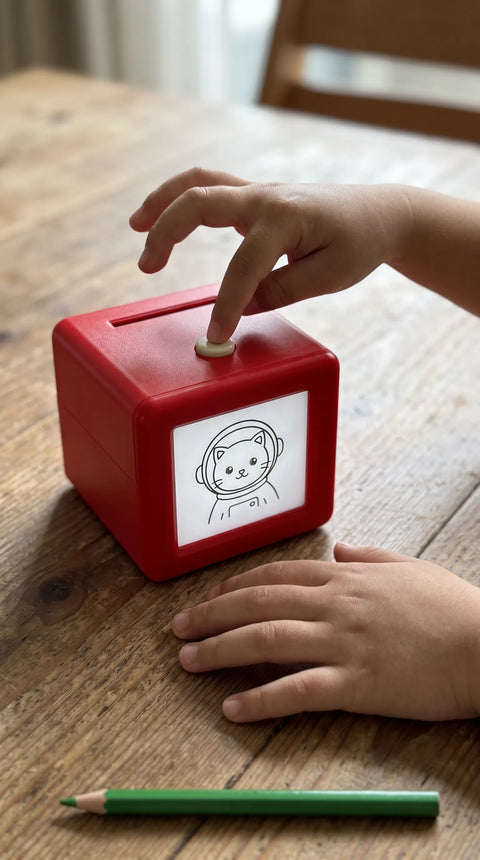 Eine Kinderhand drückt die obere Taste am roten Fantasini-Drucker mit einem Tiermotiv auf dem Display.