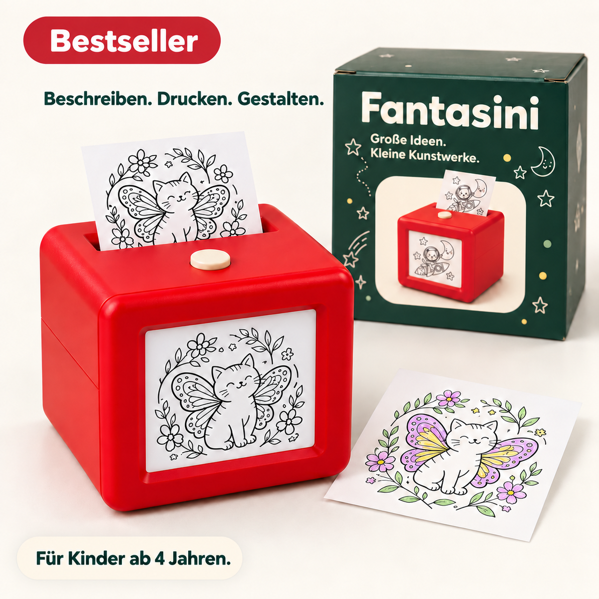 Fantasini Kreativdrucker mit Verpackung und Malmotiven. Bestseller. Beschreiben. Drucken. Gestalten. Für Kinder ab 4 Jahren.