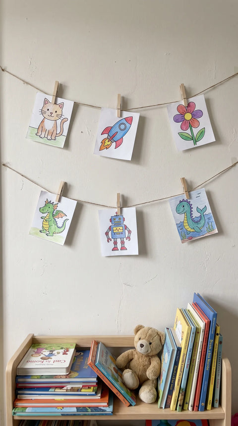 Kleine bunte Papiermotive hängen an einer Bilderleine im Kinderzimmer.