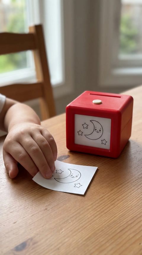 Eine Kinderhand zeigt auf ein Mondmotiv auf Papier, das auch auf dem Fantasini-Display erscheint.