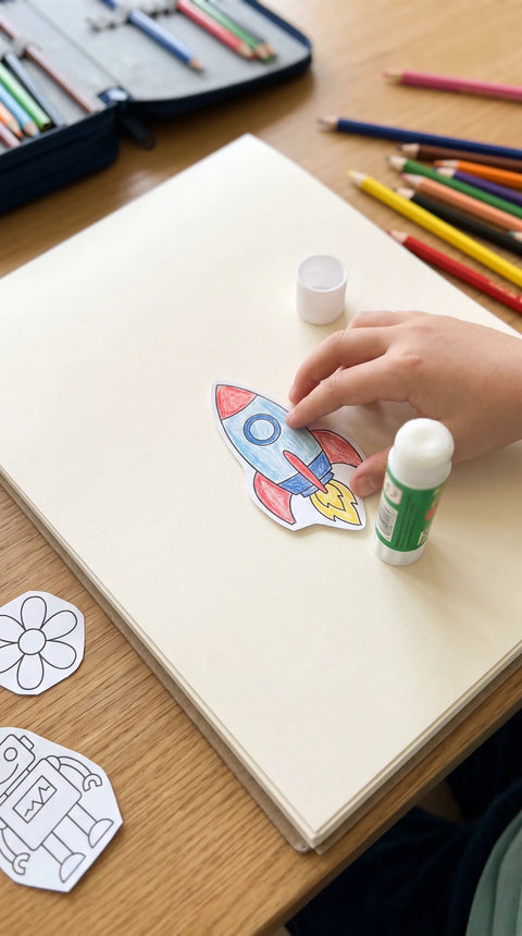 Eine Kinderhand klebt eine ausgemalte Rakete in ein eigenes Heft.